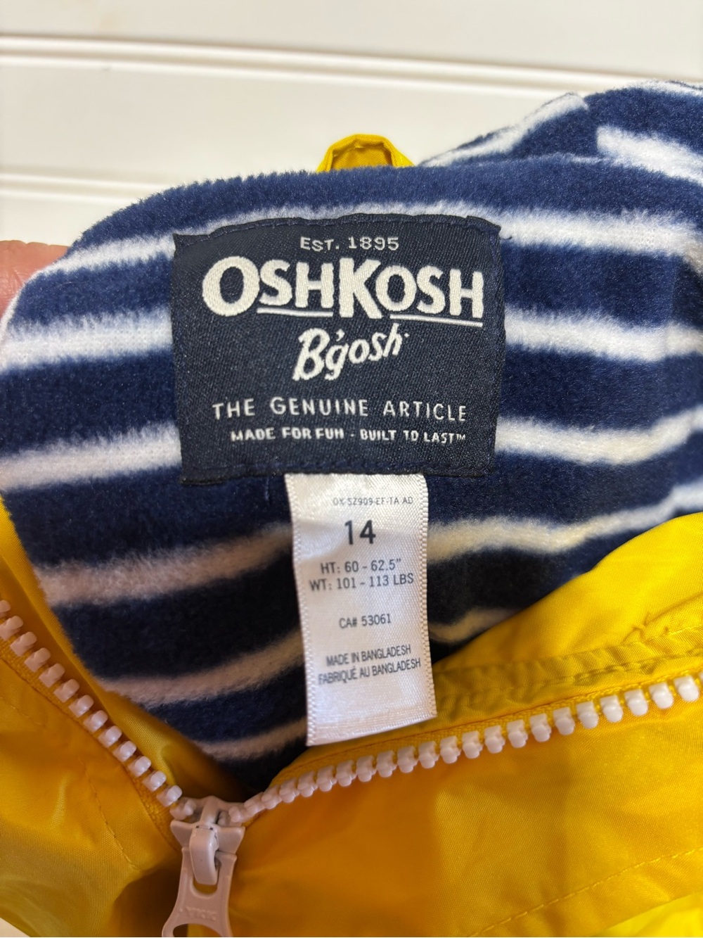 Oshkosh b’gosh yellow hooded rain coat size 14 fleece lined kids windbreaker - Picture 7 of 8
